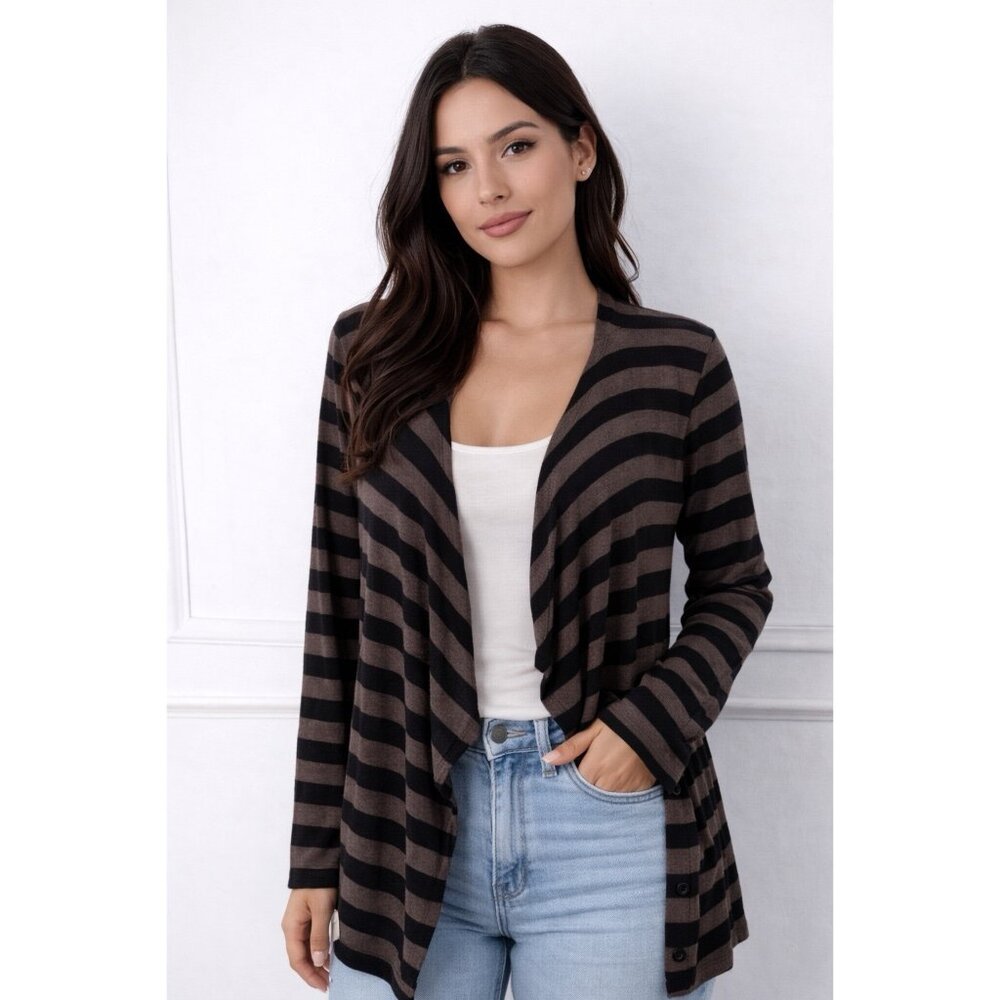 SOMA LOUNGE WEAR Open Front Cardigan Tan Black Stripe Small